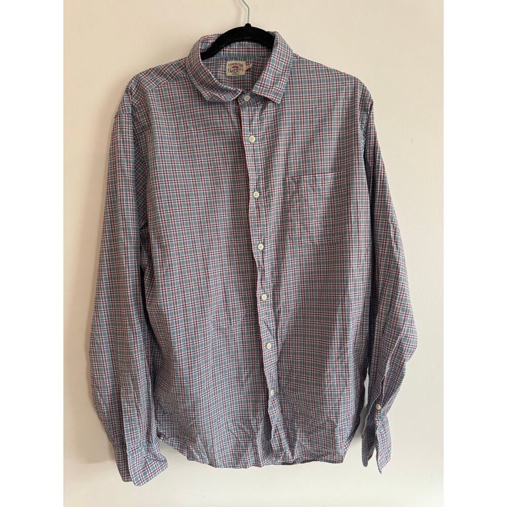 Faherty Mens Large Plaid Button Down Shirt Blue Red Cotton Long Sleeve Casual